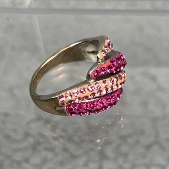 Vintage Gold Plated Sterling Silver & Crystal Cocktail Ring-Pink Stones/Silver - Picture 7 of 11